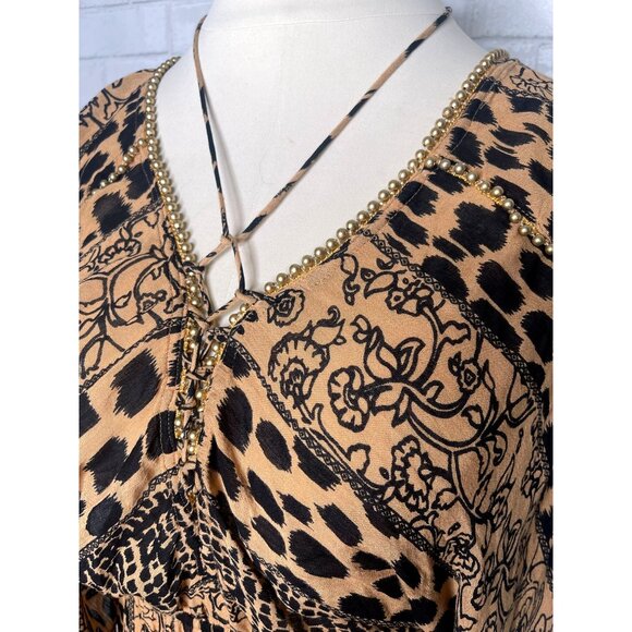 Anthropologie L Animal Print Kaftan Maxi Dress Flowy Coverup Elastic Waist Brown - Picture 4 of 9